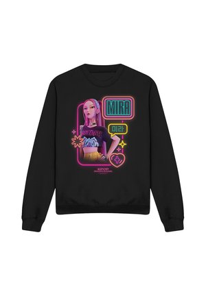 Black sweatshirt with neon-style graphic of a woman with pink hair, the word "MIRA," Korean characters, and "K-POP DEMON HUNTERS" text.