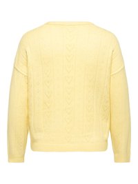 Pull en maille jaune clair avec motifs en forme de cœur, manches longues, poignets et ourlet côtelés, vu de dos.
