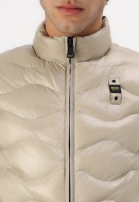 Giacca a vento beige con colletto alto, caratterizzata da un design trapuntato, zip nera e un piccolo etichetta nera sul lato sinistro anteriore.