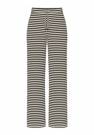 Pantaloni largi cu dungi verticale alb-negru, având un material texturat și un brâu cu șnur. Perfecți pentru o ținută casual.