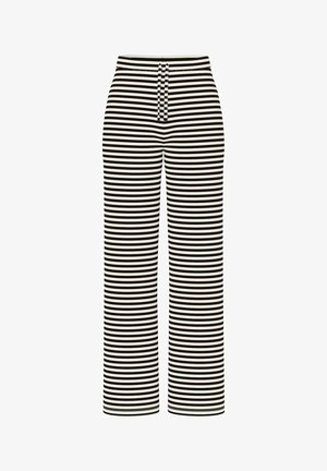 Pantaloni largi cu dungi verticale alb-negru, având un material texturat și un brâu cu șnur. Perfecți pentru o ținută casual.