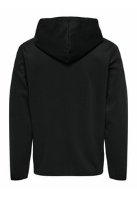 Sweatshirt à capuche noire avec de longues manches, présentant une texture lisse et des poignets élastiques. Le design est simple, sans logos ni motifs visibles.