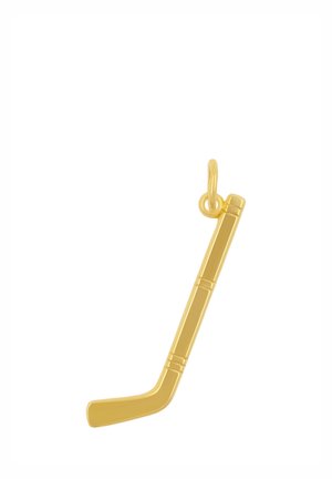 Goldener Hockeyschläger-Anhänger mit einer kleinen Schlaufe zum Befestigen an einer Halskette oder einem Armband, gezeigt auf weißem Hintergrund.