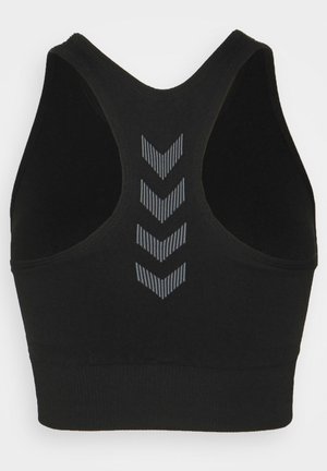 Schwarzer Racerback-Sport-BH mit fünf reflektierenden, nach unten verlaufenden Chevron-Streifen in der Mitte des Rückenteils.