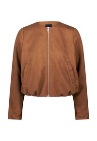 Hnědá zkrácená bunda s kulatým výstřihem, zapínáním na zip, dvěma bočními kapsami a měkkou, hladkou texturou látky. Přizpůsobený, minimalistický design.