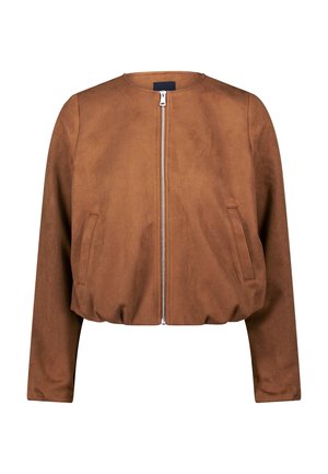 Braune kurze Jacke mit rundem Ausschnitt, Reißverschluss, zwei Seitentaschen und weicher, glatter Stoffstruktur. Maßgeschneidertes, minimalistisches Design.