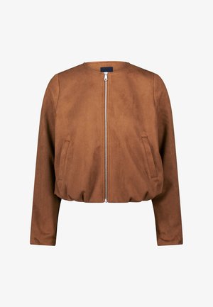 Giacca corta marrone con scollo tondo, chiusura con zip, due tasche laterali e tessuto morbido e liscio. Design sartoriale e minimalista.