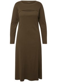 Sukienka z długim rękawem w ciemno-brązowym kolorze z okrągłym dekoltem i wycięciem pod biustem, o prostym kroju i bez wzorów.