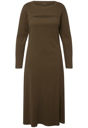 Langärmliges Kleid aus dunkelbraunem Stoff mit Rundhalsausschnitt und einem Ausschnitt unter der Brust. Das Kleid hat eine gerade Silhouette und ist ohne Muster.