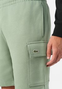 Helle grüne Baumwollshorts mit elastischem Bund, seitlichen Taschen und einer Klapptasche mit einem grünen Krokodil-Logo. Glatte Textur.