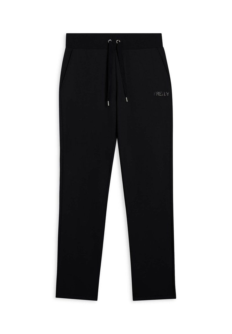 Pantaloni sportivi neri con vita regolabile tramite coulisse, tasche laterali e un discreto logo sul cosci.