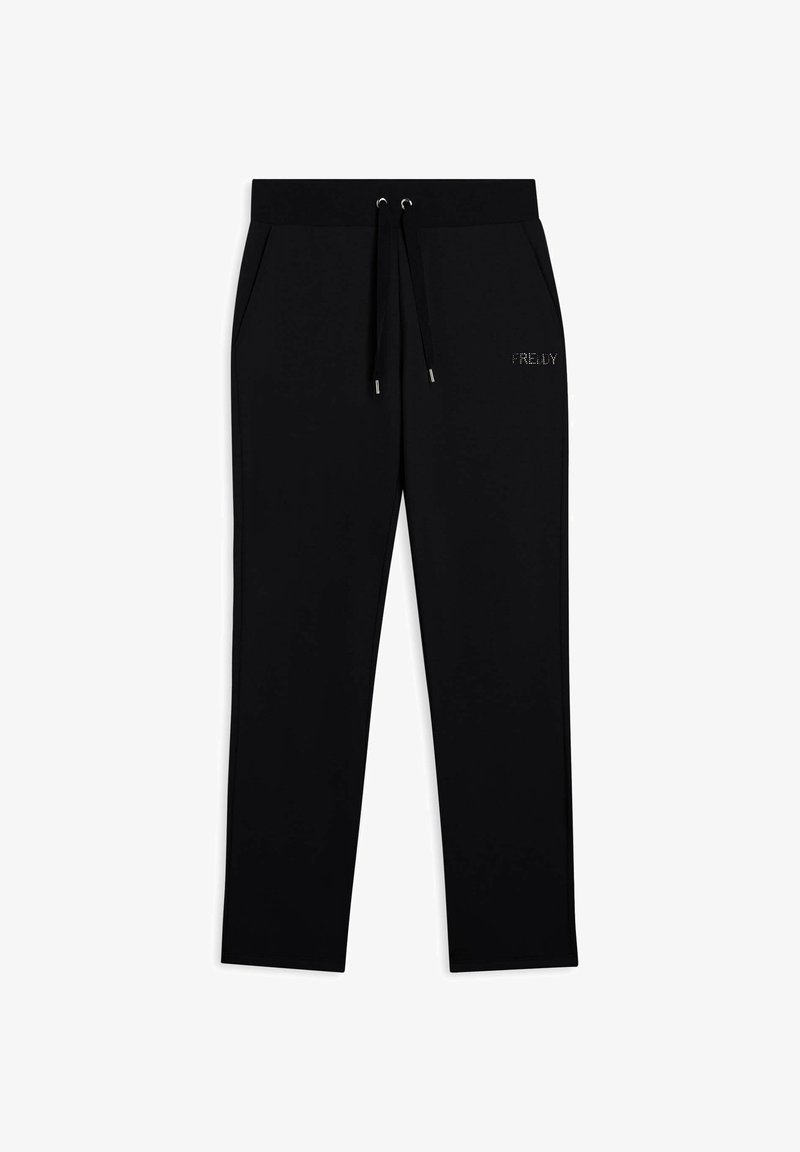 Pantaloni sportivi neri con vita regolabile tramite coulisse, tasche laterali e un discreto logo sul cosci.