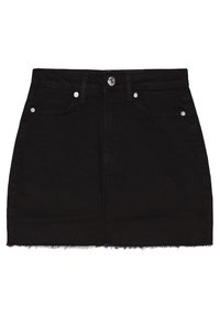 Černá džínová mini sukně s předním knoflíkem a zipem, designem pěti kapes a detailním nerovným lemem.