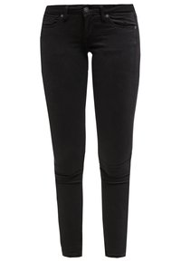 Svarta skinny jeans i denim med en klassisk femfickorsdesign, framknäppning och subtila sömdetaljer.