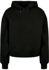Felpa nera con cappuccio e vestibilità ampia. Realizzata in tessuto morbido, presenta un cappuccio con cordino, polsini a costine e una fascia in vita. Design minimalista.