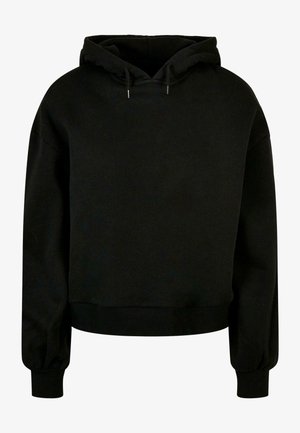 Czarna bluza z kapturem w luźnym kroju. Wykonana z miękkiego materiału, z kapturem na sznurku, ściągaczami przy rękawach i w pasie. Minimalistyczny design.