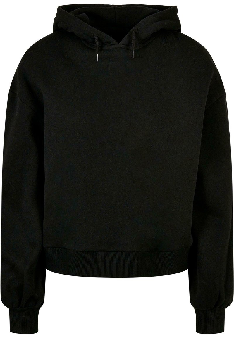 Felpa nera con cappuccio e vestibilità ampia. Realizzata in tessuto morbido, presenta un cappuccio con cordino, polsini a costine e una fascia in vita. Design minimalista.
