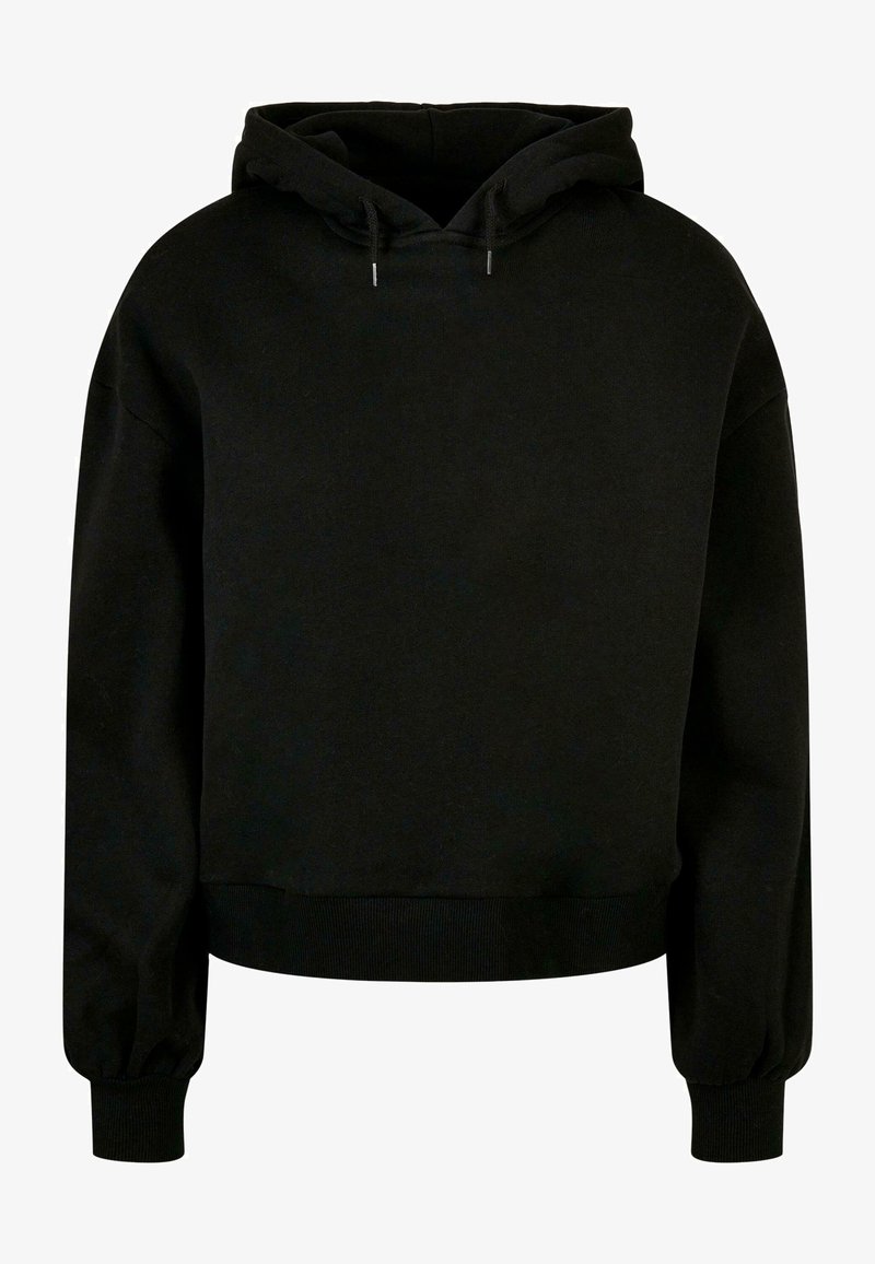 Felpa nera con cappuccio e vestibilità ampia. Realizzata in tessuto morbido, presenta un cappuccio con cordino, polsini a costine e una fascia in vita. Design minimalista.
