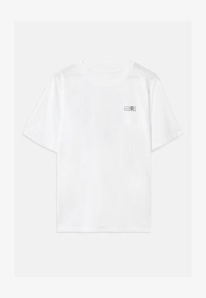Hvid t-shirt med korte ærmer, med en lommeprint med sorte tal og et cirkulært symbol. Bomuldsstof med en afslappet pasform.