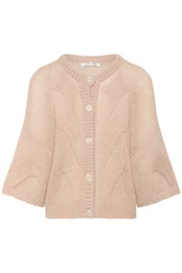 Kabelgebreide cardigan in zachtroze, met een ronde halslijn, korte mouwen en vijf grote knopen aan de voorkant. Lichtgewicht textuurstof.