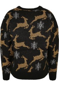 Pull noir en maille avec motifs de rennes dorés et flocons de neige blancs, manches longues et col rond.