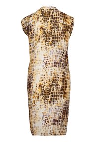 Hihaton mekko, jossa on abstrakti ruskea ja beige kuosi. Pehmeä kangas on sileä ja siinä on vartalonmyötäinen leikkaus sekä pyöreä pääntie.