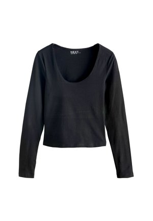 Black long-sleeve crop top made from a soft cotton blend. Features a wide scoop neckline and straight hem, providing a fitted silhouette.