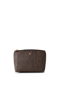 Brown and black textured cosmetic pouch with a zip closure, featuring a patterned surface and gold-tone hardware detail on the front.