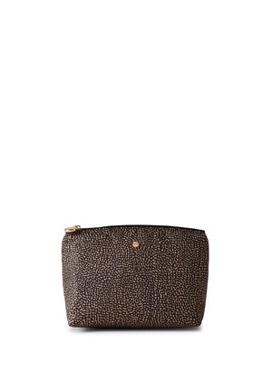Brown and black textured cosmetic pouch with a zip closure, featuring a patterned surface and gold-tone hardware detail on the front.