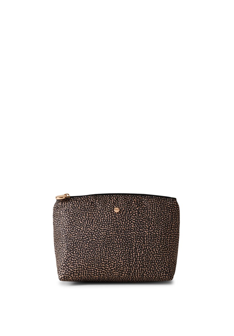 Brown and black textured cosmetic pouch with a zip closure, featuring a patterned surface and gold-tone hardware detail on the front.