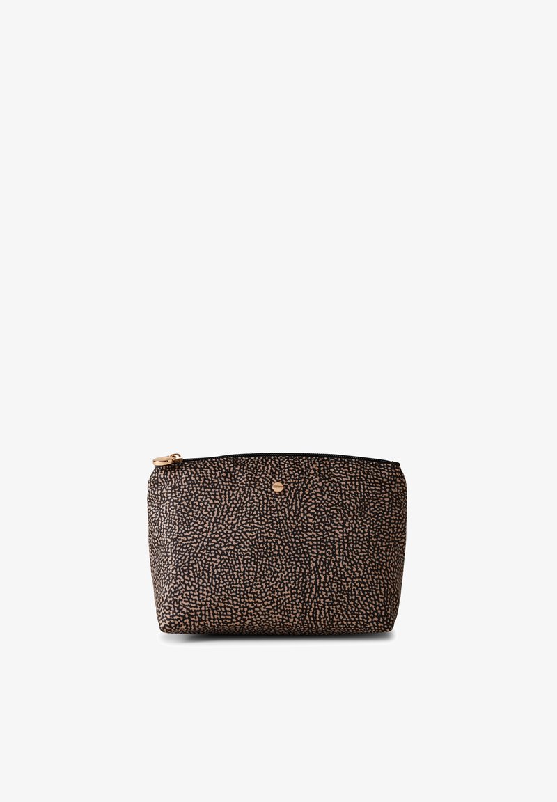 Bruine en zwarte textuur cosmetica pouch met een ritssluiting, voorzien van een geprinte oppervlakte en details in goudkleurig metaal aan de voorkant.