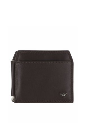 Dark brown leather bifold wallet with a front pocket and small silver emblem in the lower right corner on a white background.