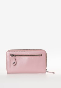 Portafoglio rettangolare in pelle rosa con chiusura a zip, dotato di una tasca frontale con zip e dettagli in zip neri a contrasto.