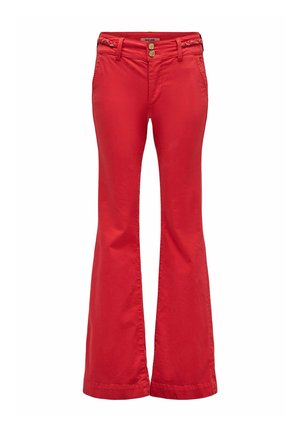 Pantalones acampanados de cintura alta para mujer en color rojo con cierre de doble botón y bolsillos laterales, con trabillas para cinturón trenzadas y acabado suave.