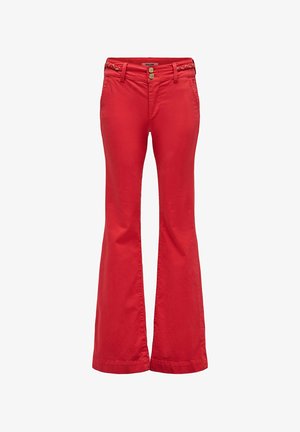 Pantalones acampanados de cintura alta para mujer en color rojo con cierre de doble botón y bolsillos laterales, con trabillas para cinturón trenzadas y acabado suave.