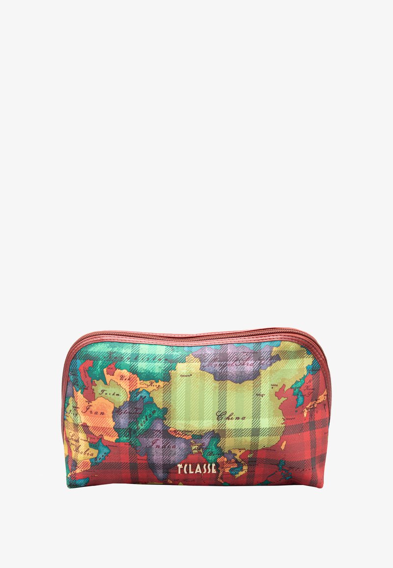 Astuccio cosmetico con design di mappa del mondo multicolore. Materiale liscio, cerniera rossa e accenti a quadri con colori di sfondo verde e rosso.