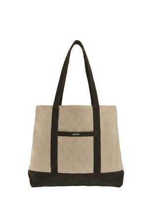 Sac fourre-tout en toile beige avec des sangles et une base noires, arborant un petit logo "LOXWOOD" sur le panneau central avant.
