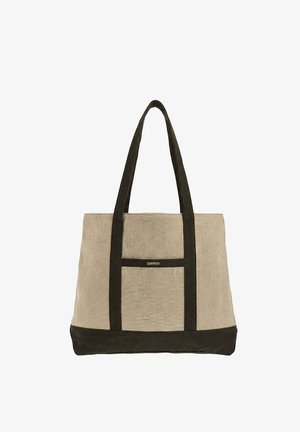 Sac fourre-tout en toile beige avec des sangles et une base noires, arborant un petit logo "LOXWOOD" sur le panneau central avant.