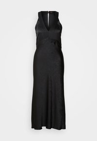 Čierne šaty s výstrihom do V, bez rukávov, s textúrovaným povrchom a rozšírenou sukňou. Uzatváranie na zips na chrbte. Hladká látka.