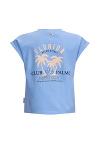 Jasnoniebieski t-shirt z krótkim rękawem z grafiką przedstawiającą palmy oraz napisem "Florida Ocean Spirit Club Le Palme Beach Club."