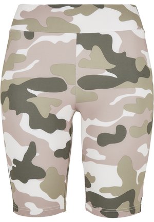 Leggingi s camo vzorom v odtenkih bež, olivnozelene in bele. Narejeni iz raztegljivega materiala z gladko teksturo in oprijetim dizajnom.