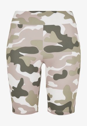 Kamuflage-mønstrede leggings i nuancer af beige, olivengrøn og hvid. Fremstillet af strækbart materiale med en glat tekstur og en tætsiddende pasform.