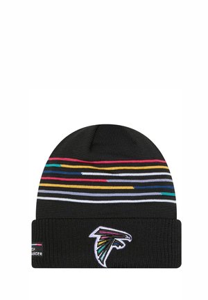 Beanie nera a maglia con righe orizzontali multicolori, caratterizzata da un risvolto e un logo ricamato sul frontale.