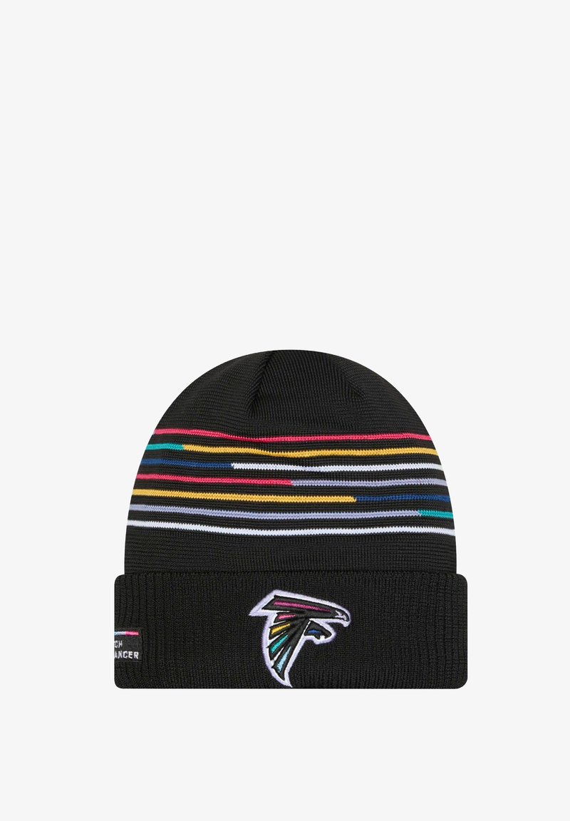 Bonnet en tricot noir avec des rayures horizontales multicolores, doté d'un revers et d'un logo brodé à l'avant.
