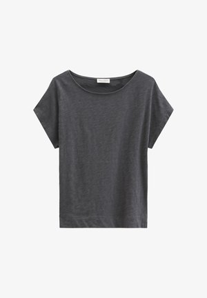 T-shirt a maniche corte grigio scuro con scollo ampio e rotondo, realizzata in tessuto leggero, con etichetta Marc O'Polo sul colletto.