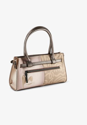 Borsa a mano in pelle beige e rosa chiaro con manici metallici, tasca frontale con cerniera e sottile motivo astratto sulla superficie strutturata.
