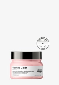Rosa plastburk med L'Oréal Professionnel Vitamin Color hårmask, med ett svart lock och etikett som visar produktinformation samt stämpeln "co-developed by pros".