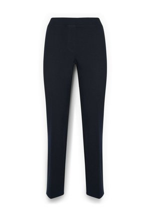 Pantaloni blu navy con vestibilità slim, caratterizzati da una superficie liscia, una vita elastica e dettagli di cucitura minimi. Adatti per un abbigliamento casual.