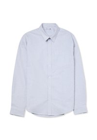Camicia a maniche lunghe a righe blu chiaro e bianco con colletto a camicia, tasca frontale e chiusura con bottoni, realizzata in tessuto liscio.