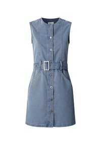 Abito in denim di colore azzurro, senza maniche, con scollatura alta, chiusura frontale a bottoni, cintura con fibbia in argento e tasche laterali.